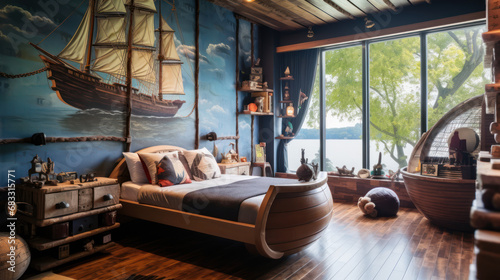  Pirate ship-themed boys bedroom with a treasure map 