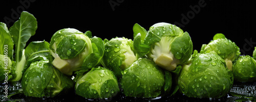 Brussels sprouts with drops of moisture on dark background, banner