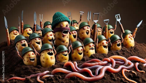 Humorous image of potatoes dressed as soldiers, complete with weaponry and a humorous undertone