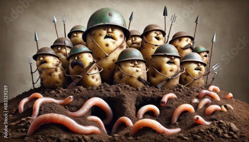 Humorous image of anthropomorphic potatoes wearing helmets and holding spears as if ready for battle