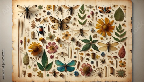 Antique collection display of various insects and botanical illustrations on aged paper