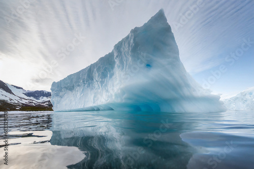 The image captures a massive iceberg floating in icy waters, its jagged edges reflecting sunlight. The scene evokes a sense of grandeur and tranquility, showcasing the raw beauty of polar landscapes.