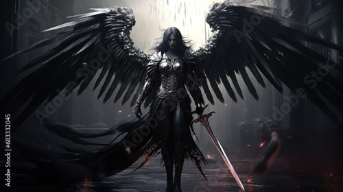 Dark warrior angel with medieval sword. fantasy background