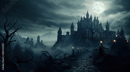 Sinister vampire castle at night