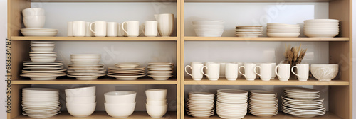 Dishes, plates and cups of beige colors carefully and neatly arranged on the sideboard shelves, space organization and tidy up concept