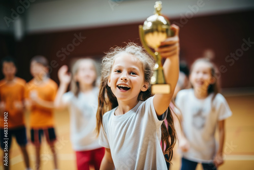Girl with trophy celebrating victory with friends at school sports court. Winning team of sport tournament for kids children