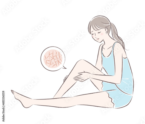 足の乾燥肌に悩む若い女性のイラスト