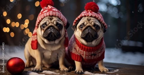 Two dogs in christmas hats, Generative AI
