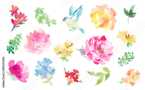 A set of watercolor illustrations of abstract peonies and wildflowers with a bluebird on a transparent background
