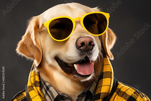 Portrait of happy dog in flannel shirt and yellow sunglasses