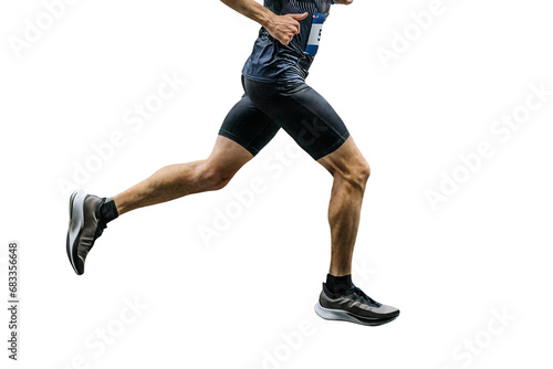 male runner in black tights running city marathon, muscular legs of athlete jogger, isolated on transparent background