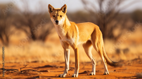 Australian dingo looking for a prey in the middle of the outback in central Australia. generative ai