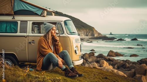 Young woman enjoying her morning coffee outside a retro, vintage camper van, living the van life in scenic beauty