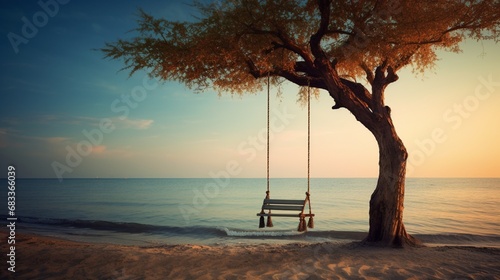 A beach swing, hanging from a solitary tree, inviting relaxation and reflection.