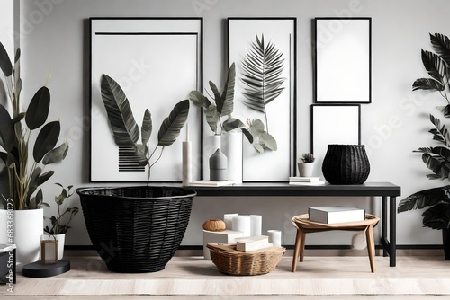 Modern living room interior with black mock up poster frame, design commode, leaf in vase, black rattan basket, books and elegant accessories. Template. Stylish home decor.