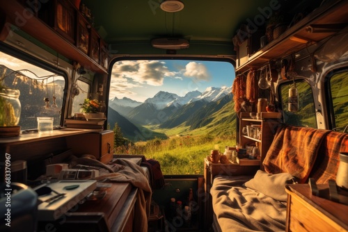 Paysage de montagne vu à l'intérieur d'un van, camping car, banquette et table chaleureuse