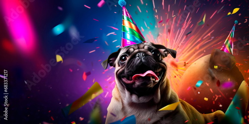 pug donning a celebratory party hat and enthusiastically blowing a tiny horn. Generative AI