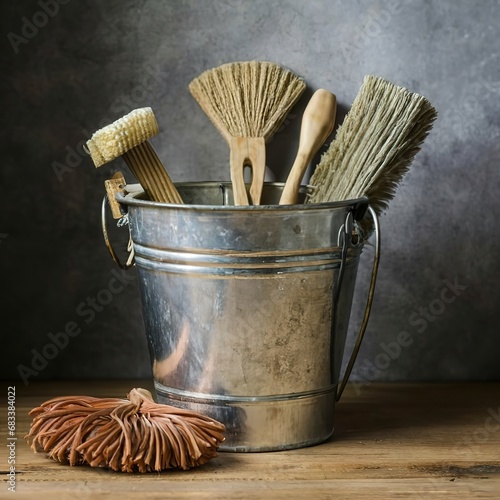 Old wash bucket with mop and brushes