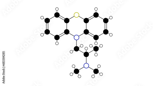 promethazine molecule, structural chemical formula, ball-and-stick model, isolated image first-generation antihistamine