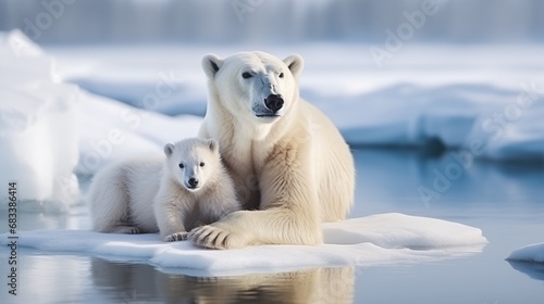  Ursus maritimus habitat. White polar bear with cub in Arctic wildlife. Mother and his baby. North Pole environment. Snowy icy landscape. Ecology concept