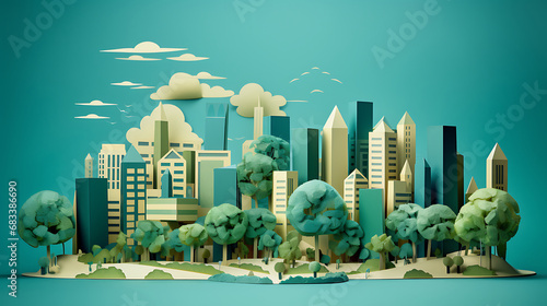 3D paper model of city with trees and buildings. Generative Ai