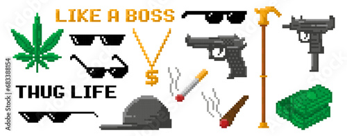 Pixel art gangsta rap accessories. Hip hop rapper pixelated sunglasses, cool gold chain, cigarette and black cap. Thug life vector icons