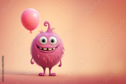 Cute funny pink monster holding a balloon, fun love and Valentine's day, funny kid birthday greeting card with copy space