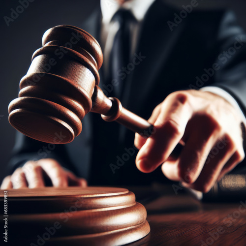 Close-up of a judge's hand holding a wooden gavel, about to strike it on the sound block.