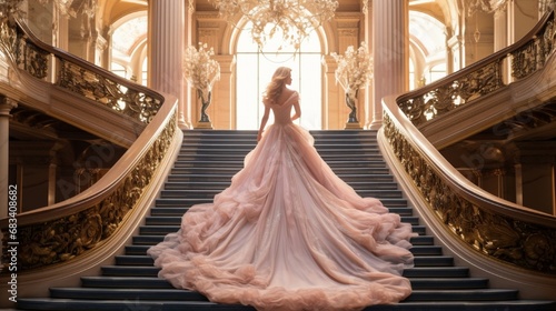 A portrayal of a woman in a soft, pastel-colored ball gown, descending an elegant staircase in a grand foyer, with the dress flowing gracefully with each step.