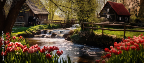 Spring forest nature landscape, beautiful tulips spring flowers, stream, river rocks and old water mill in mountain forest