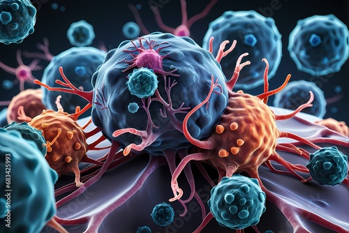 3D rendering of microscopic human and cancer cells on science day background 