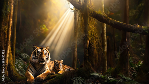 Sumatran Tiger and Cub in the Jungle