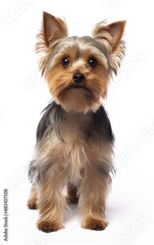 Side view of a Yorkshire Terrier dog standing and looking at the camera in front isolated of white background