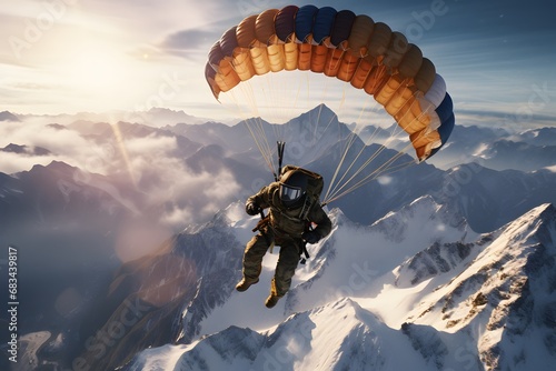 a man with parachute skydiving at high altitude in sky in snowy mountains