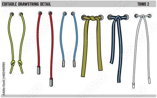DRAWSTRING CORD FLAT SKETCH SET OF DRAW STRING WITH AGLETS FOR WAIST BAND, BAGS, SHOES, JACKETS, SHORTS, PANTS, DRESS GARMENTS, DRAWCORD AGLETS FOR CLOTHING AND ACCESSORIES VECTOR ILLUSTRATION
