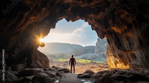A man standing in front of the cave looked at the natural scenery