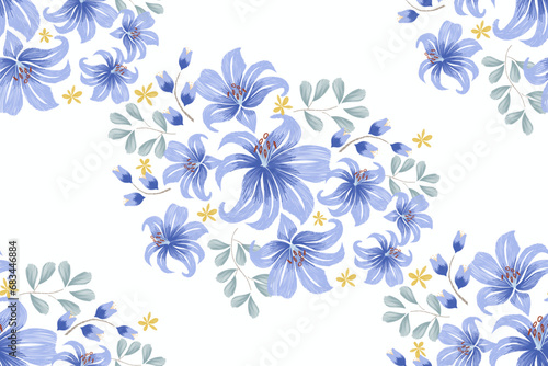 floral seamless pattern blue flowers motifs embroidery ikat oriental batik watercolour design background border wallpaper. Floral motifs seamless pattern Vector illustration 