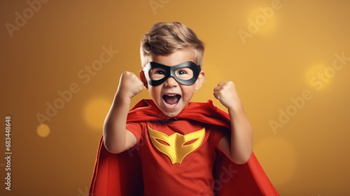 Little boy pretending to be a superhero. Portrait of cute kid in red cape and mask on yellow background