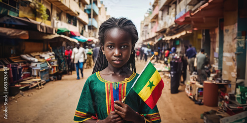 Senegalese girl holding Senegal flag in Dakar street