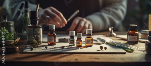 close-up view of ampoules with medicine on wooden table