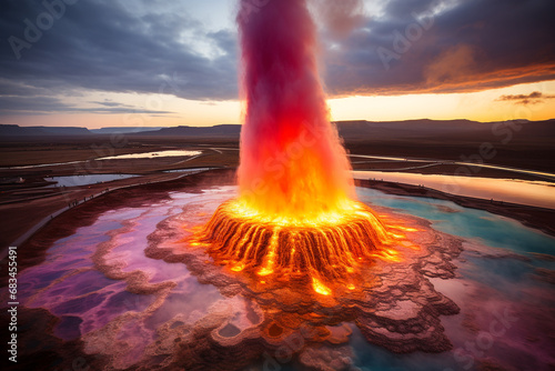 multicolor awe-inspiring eruption of geyser in Iceland, with towering column of water, geothermal landscapes, and primal forces of Earth on display