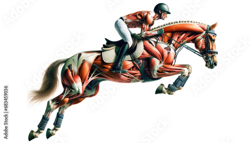 Illustration of Dummies figure anatomical man and animal in Equestrian sport. details of Muscles on the Jokey and sports horse. Generative Ai.