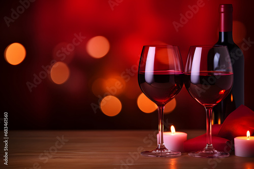 Romantic date for Valentine's Day for two lovers in a restaurant concept. Close-up photo of a pair glasses of red wine on a table against of candles and a blurry background with lights.