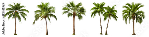 A set of coconut palm images cut out on a transparent background. Close-up of exotic trees in PNG format, side view. Clipart of trees to insert into a set or project.