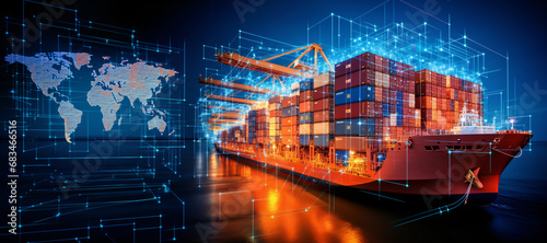 Engineer. Port logistics. Engineer in cargo port. Container ship symbolizes maritime transport.