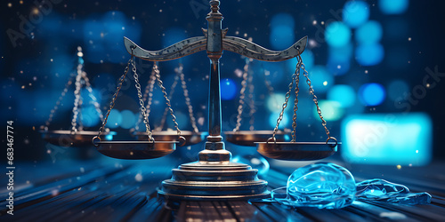 International trade and commerce are reflected in the balance of justice in a digital world, Antique ornate balance scales justice and making decision concept