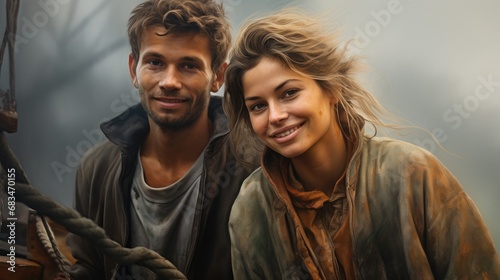 portrait of a young man and woman fisher on a fishing boat
