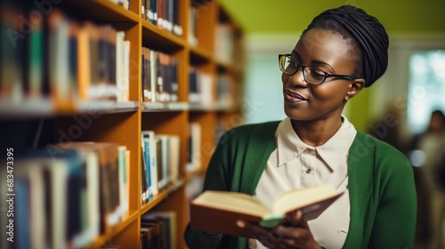 African American woman teacher with glasses studies material in textbook standing near shelves in library. Lady professor at university gains knowledge from book. Personality improvement at middle age