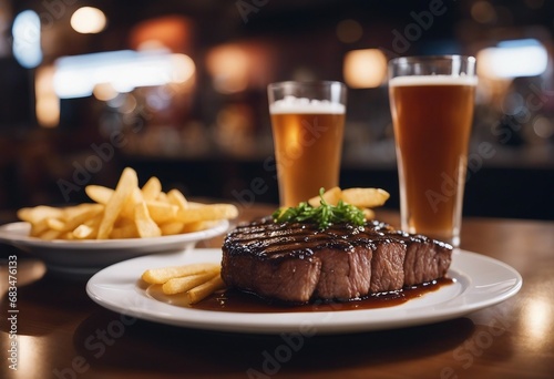 American steak at the bar with chips and gravy