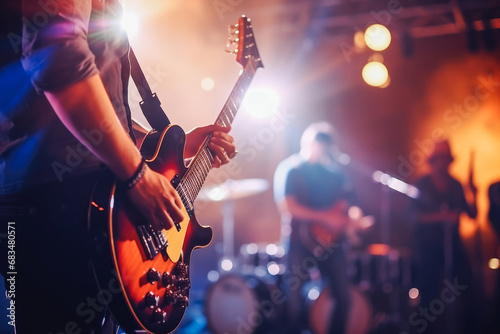 Close up of guitarist from music band playing on stage, band performing for live crowd in a pub, concept of live music and performing on stage